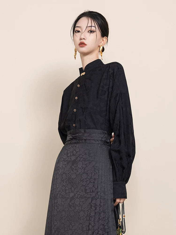 Close-up of the Mandarin collar and jacquard texture on the Ink Black Blouse.