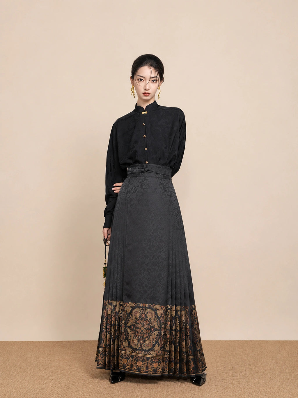 Model wearing the Ink Black Jacquard Mandarin Collar Blouse by Gambiered Silk.