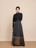 Model wearing the Ink Black Jacquard Mandarin Collar Blouse by Gambiered Silk.