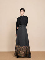 Model wearing the Ink Black Jacquard Mandarin Collar Blouse by Gambiered Silk.