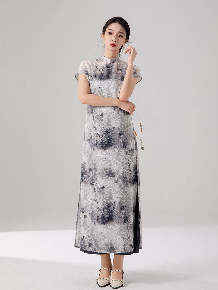 Women's ink print layered cheongsam dress with mandarin collar by Gambiered Silk.