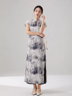Women's ink print layered cheongsam dress with mandarin collar by Gambiered Silk.