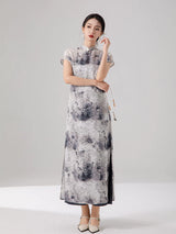 Women's ink print layered cheongsam dress with mandarin collar by Gambiered Silk.