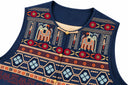 Close-up of the Inkstone Blue vest neckline, buttons and geometric embroidery