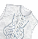 Product close-up of the vest’s stand collar, pale blue floral embroidery and jacquard fabric.