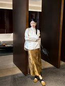 Full look of the ivory lotus jacquard Mandarin collar shirt styled for elegant commuter wear