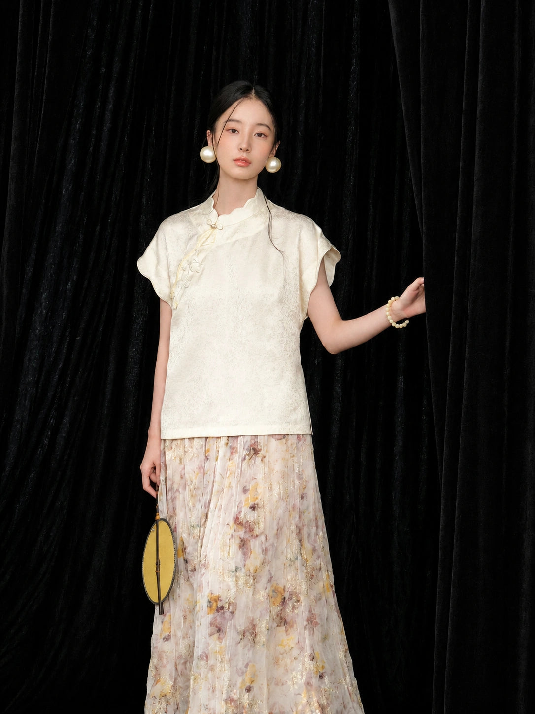 Front view of the ivory silk qipao collar top showing its straight fit and elegant short sleeves