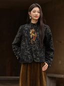 Front view of the Jianwu dark floral jacquard jacket with a stand collar and gold-tone embroidered floral appliqué