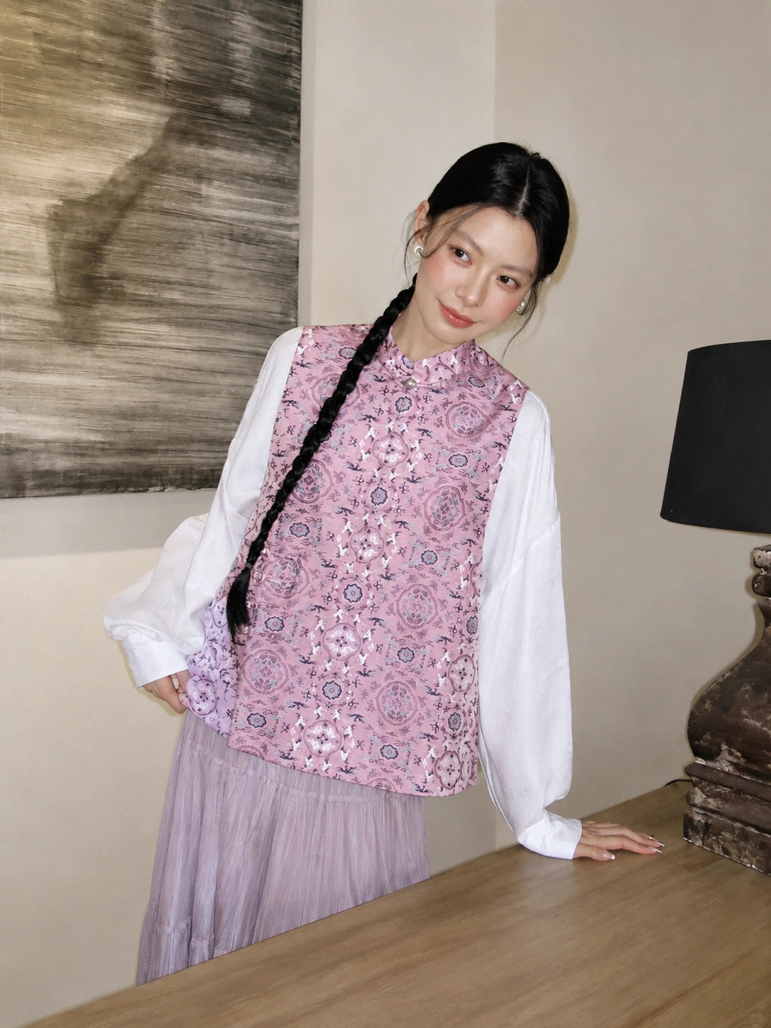 Front view of a lavender Songjin silk vest featuring a stand collar, button front, and traditional Bao Xiang floral motifs.