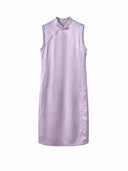 Front view of a lavender long dress with a stand collar and clean H-line silhouette
