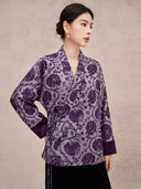 Angled view of the floral jacket showing its V-neckline and side tie