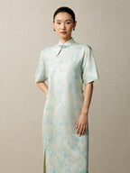 Front view of a light blue jacquard mandarin collar dress for women by Gambiered Silk