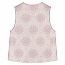 Back product view of the sleeveless vest with pink and mint floral-medallion jacquard.