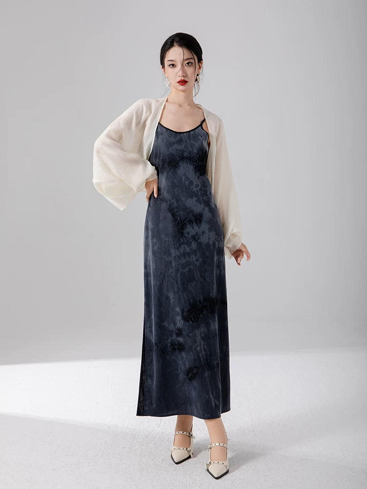 Matching slip maxi dress included with the ink print layered dress.