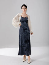 Matching slip maxi dress included with the ink print layered dress.