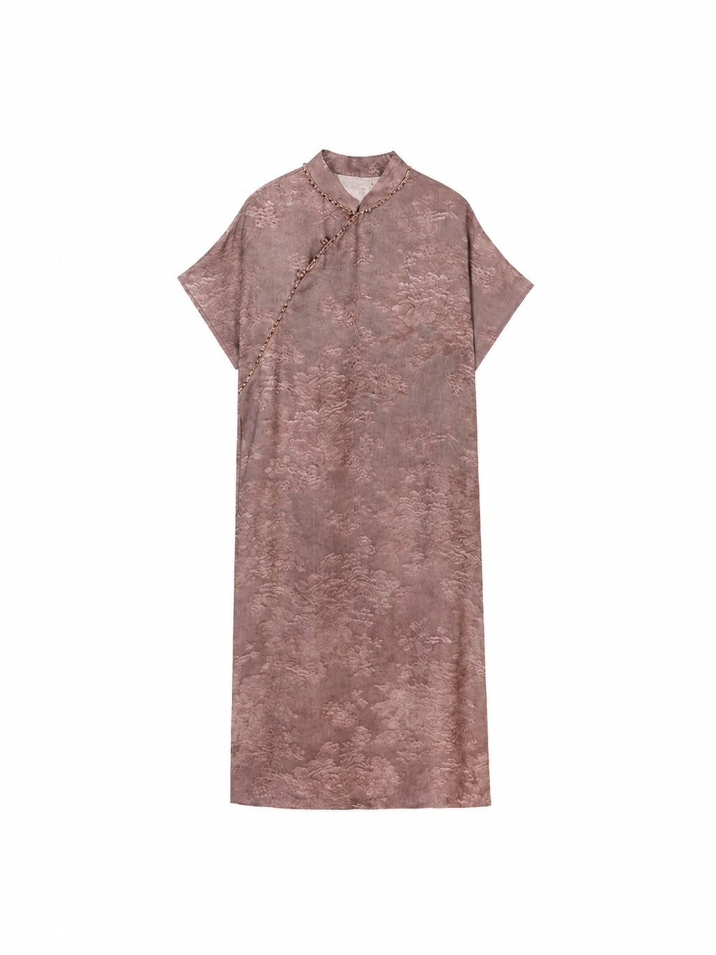 Flat lay of a mauve Sanjing Jiaoluo dress with a stand collar and relaxed H-line design