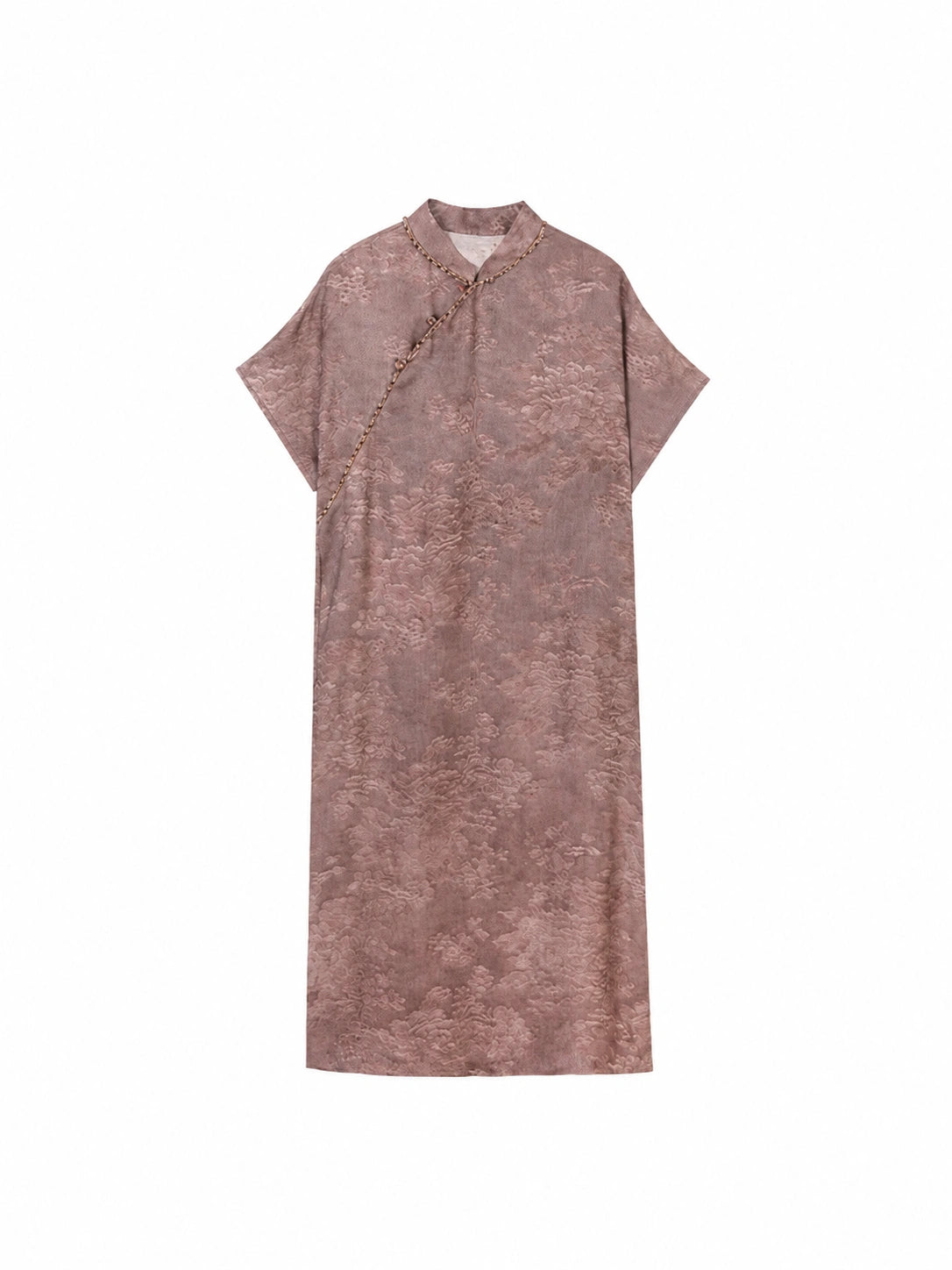 Flat lay of a mauve Sanjing Jiaoluo dress with a stand collar and relaxed H-line design