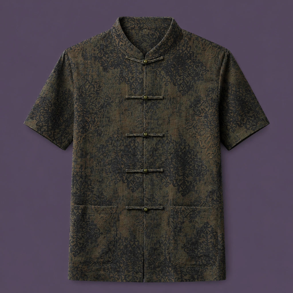 Men's 100% mulberry silk mandarin collar short sleeve shirt with traditional frog button closure in dark vintage pattern.