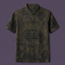 Men's 100% mulberry silk mandarin collar short sleeve shirt with traditional frog button closure in dark vintage pattern.