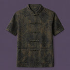Men's 100% mulberry silk mandarin collar short sleeve shirt with traditional frog button closure in dark vintage pattern.
