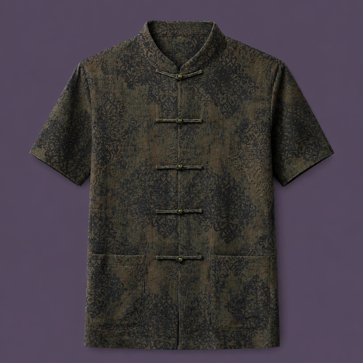 Men's 100% mulberry silk mandarin collar short sleeve shirt with traditional frog button closure in dark vintage pattern.