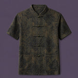 Men's 100% mulberry silk mandarin collar short sleeve shirt with traditional frog button closure in dark vintage pattern.