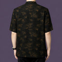 Back view of the bamboo and cloud patterned silk shirt, demonstrating the continuous, flowing motif across the entire garment.
