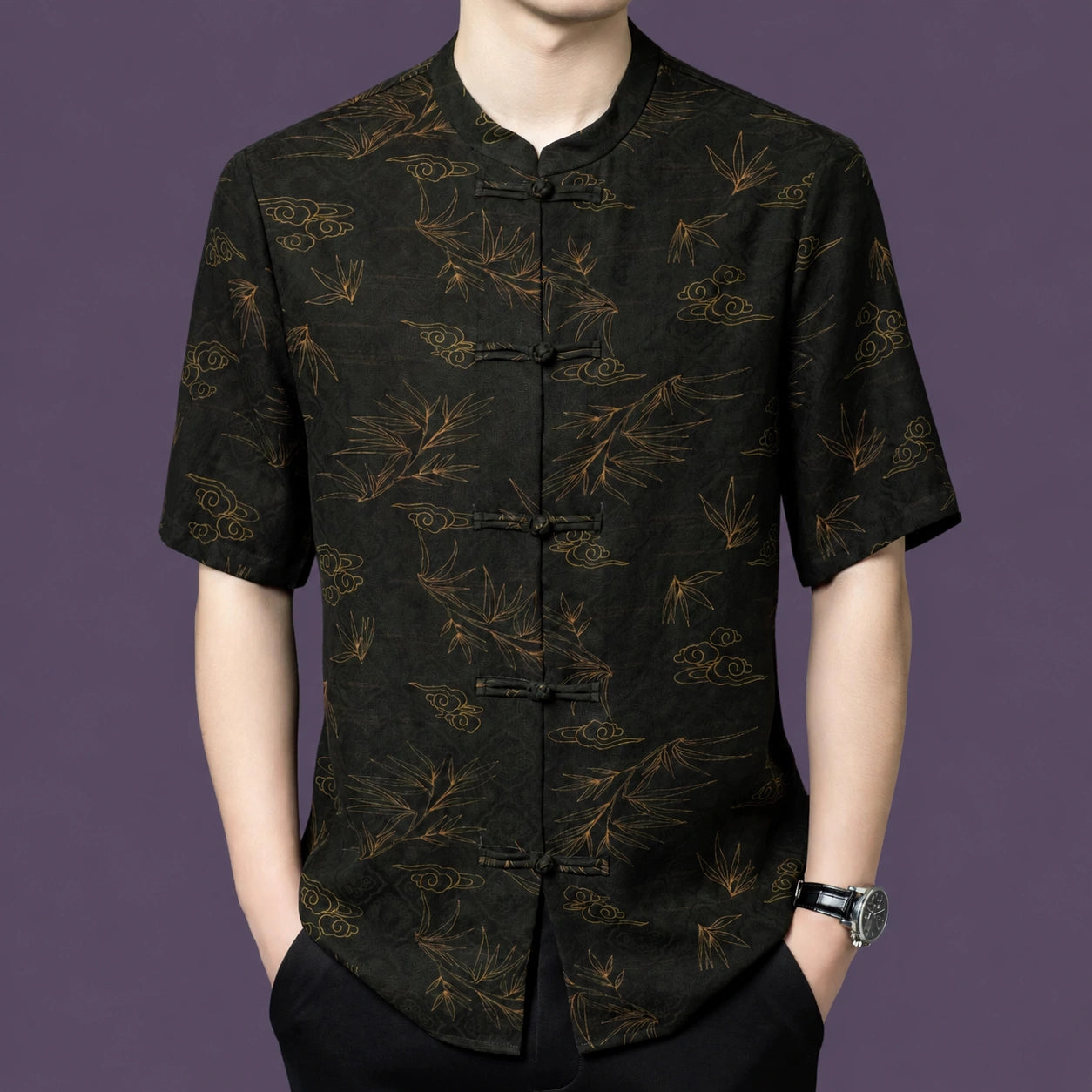 Men's black 100% mulberry silk short-sleeve shirt featuring a traditional mandarin collar, frog button placket, and copper-gold bamboo and cloud pattern.