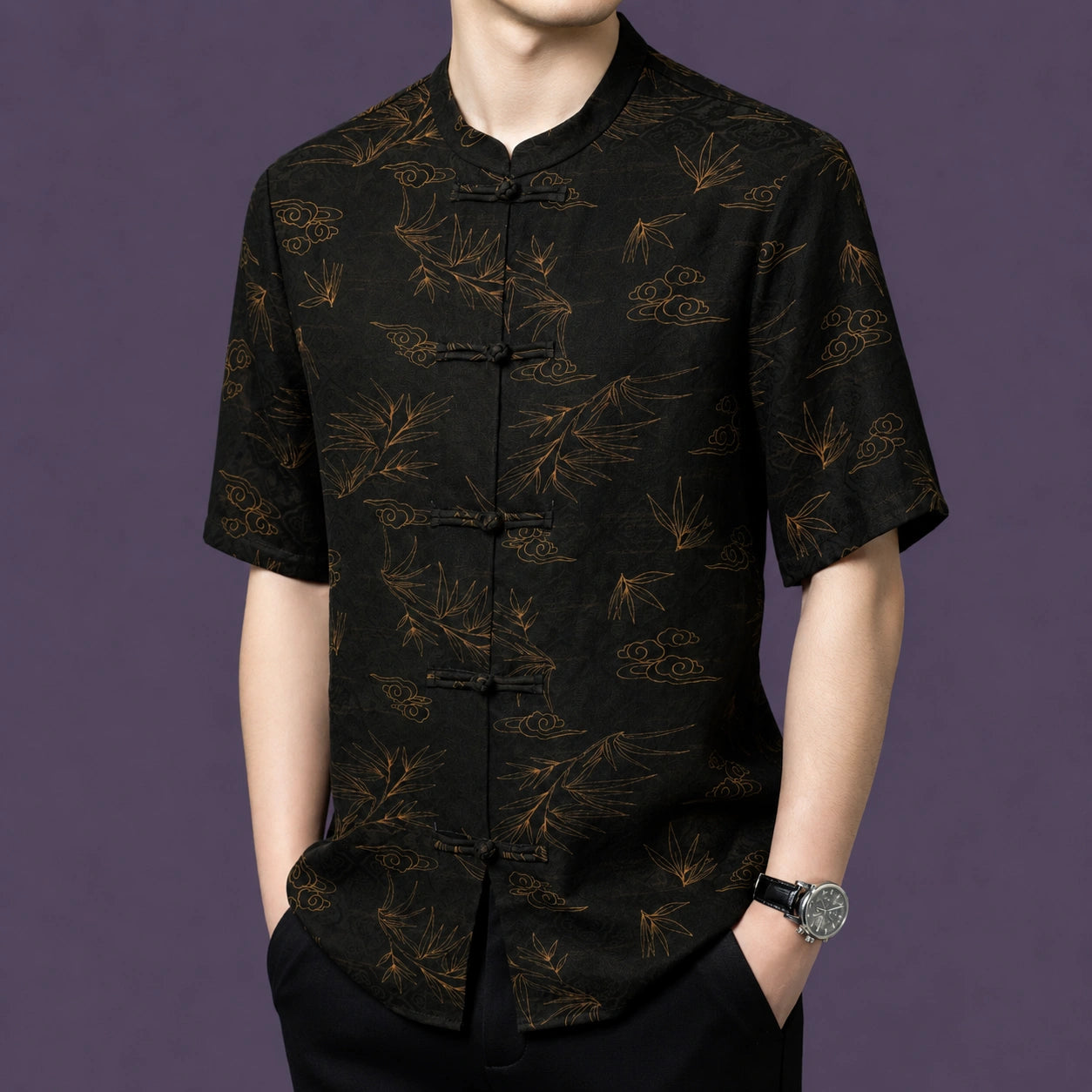  Front view of the men's silk shirt with a relaxed straight cut, showcasing the elegant contrast between the dark base and the subtle bronze-toned pattern.