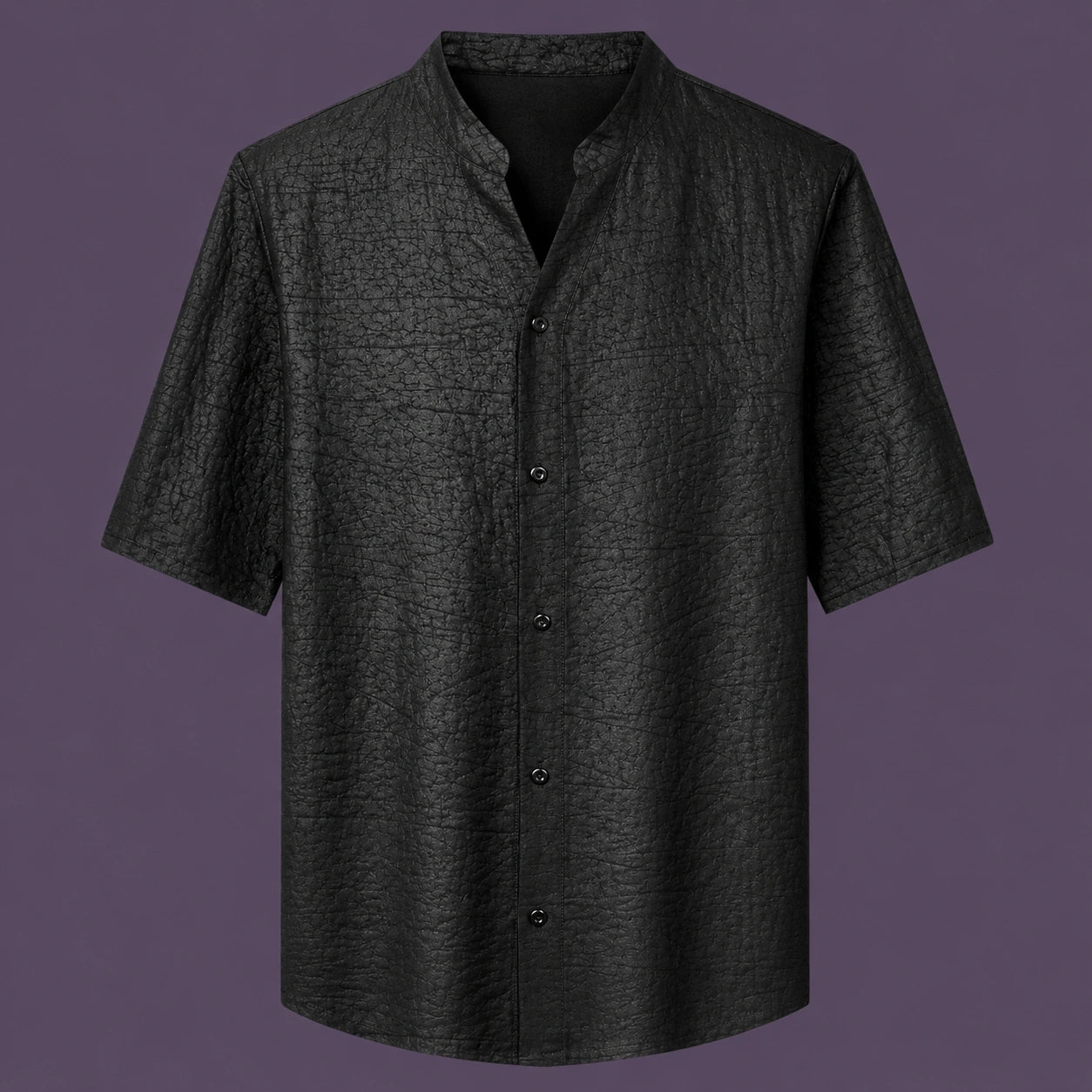 Flat lay of the men's black silk short-sleeve shirt, featuring a stand collar with a V-slit and a clean button-down front.