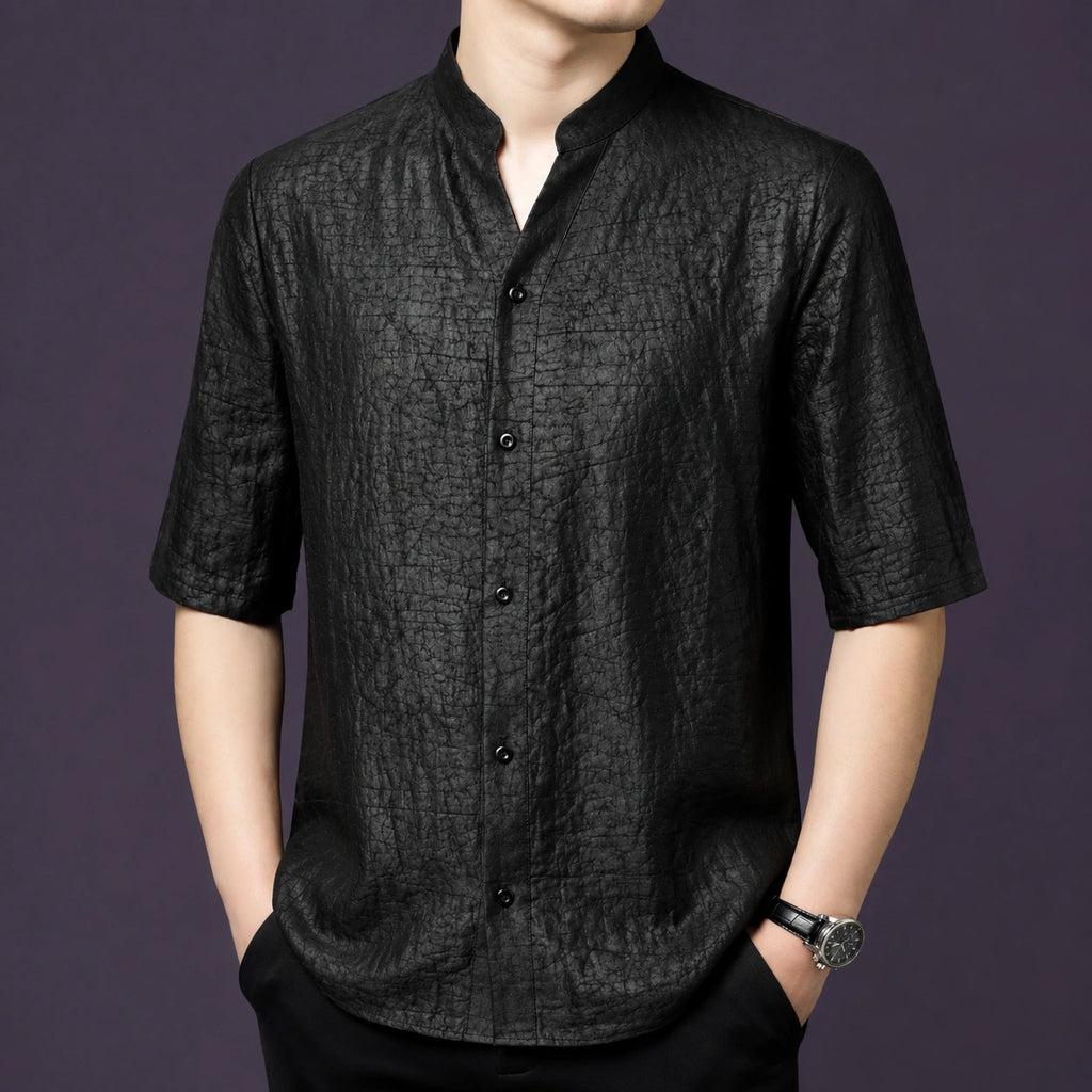 Men's black 100% mulberry silk short-sleeve shirt with a relaxed fit, a stand collar with a subtle V-opening, and a classic button placket.