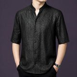 Men's black 100% mulberry silk short-sleeve shirt with a relaxed fit, a stand collar with a subtle V-opening, and a classic button placket.