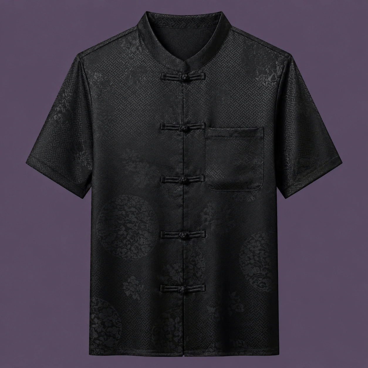 Flat lay of the men's short-sleeve silk shirt, featuring a stand collar, six frog buttons, and a single patch pocket.