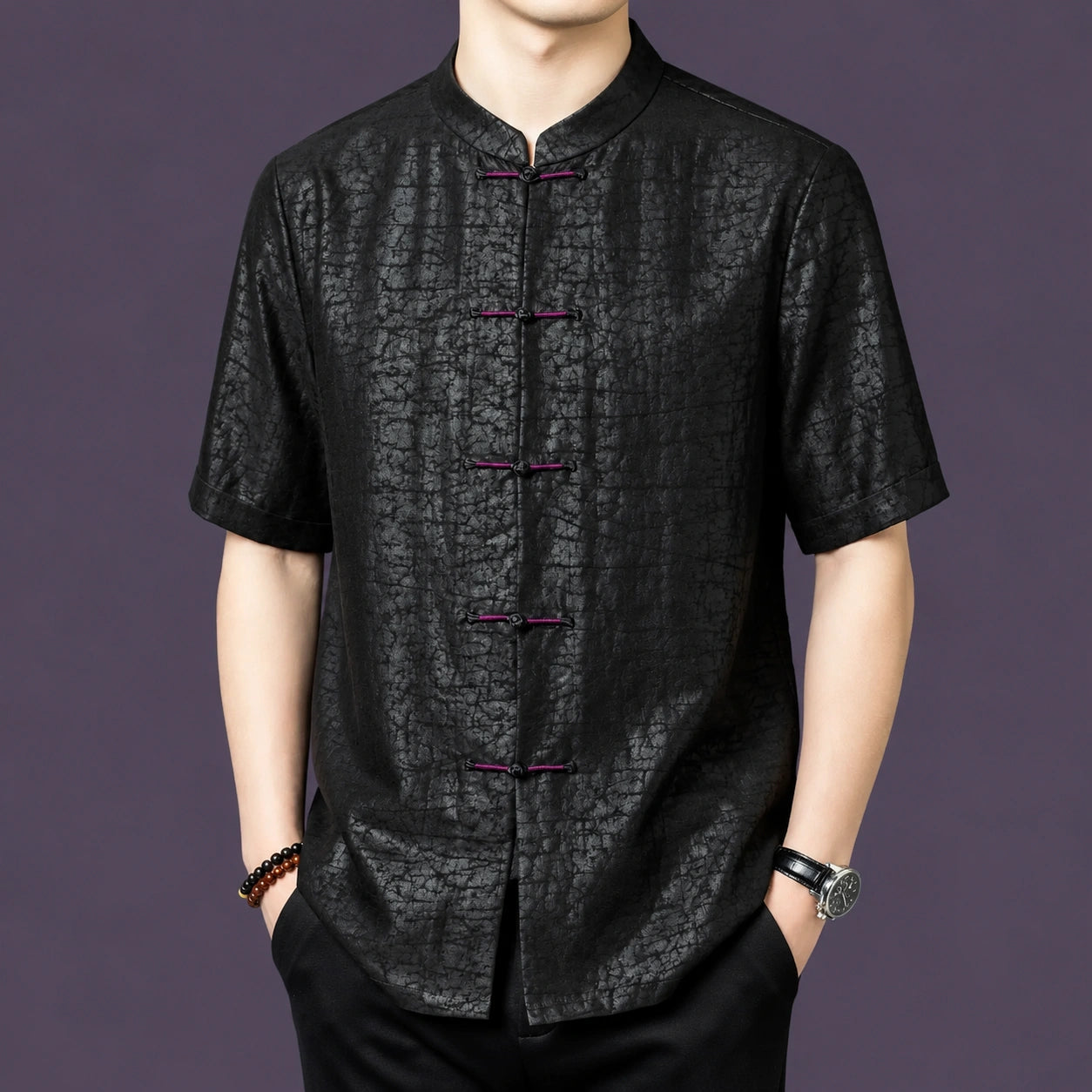Men's black 100% mulberry silk short-sleeve shirt with a stand collar and contrasting purple-red frog button closures, featuring a distinct cracked texture.