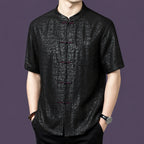 Alternate front view showcasing the relaxed cut and the unique cracked pattern on the black mulberry silk fabric.