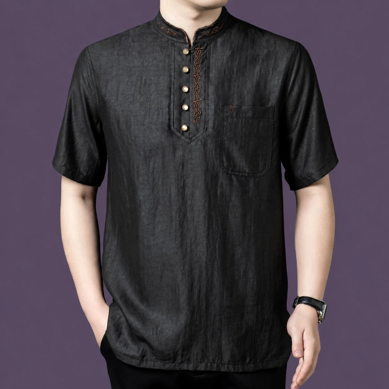 Alternate front angle of the men's black silk short-sleeve henley, emphasizing the relaxed, straight cut.