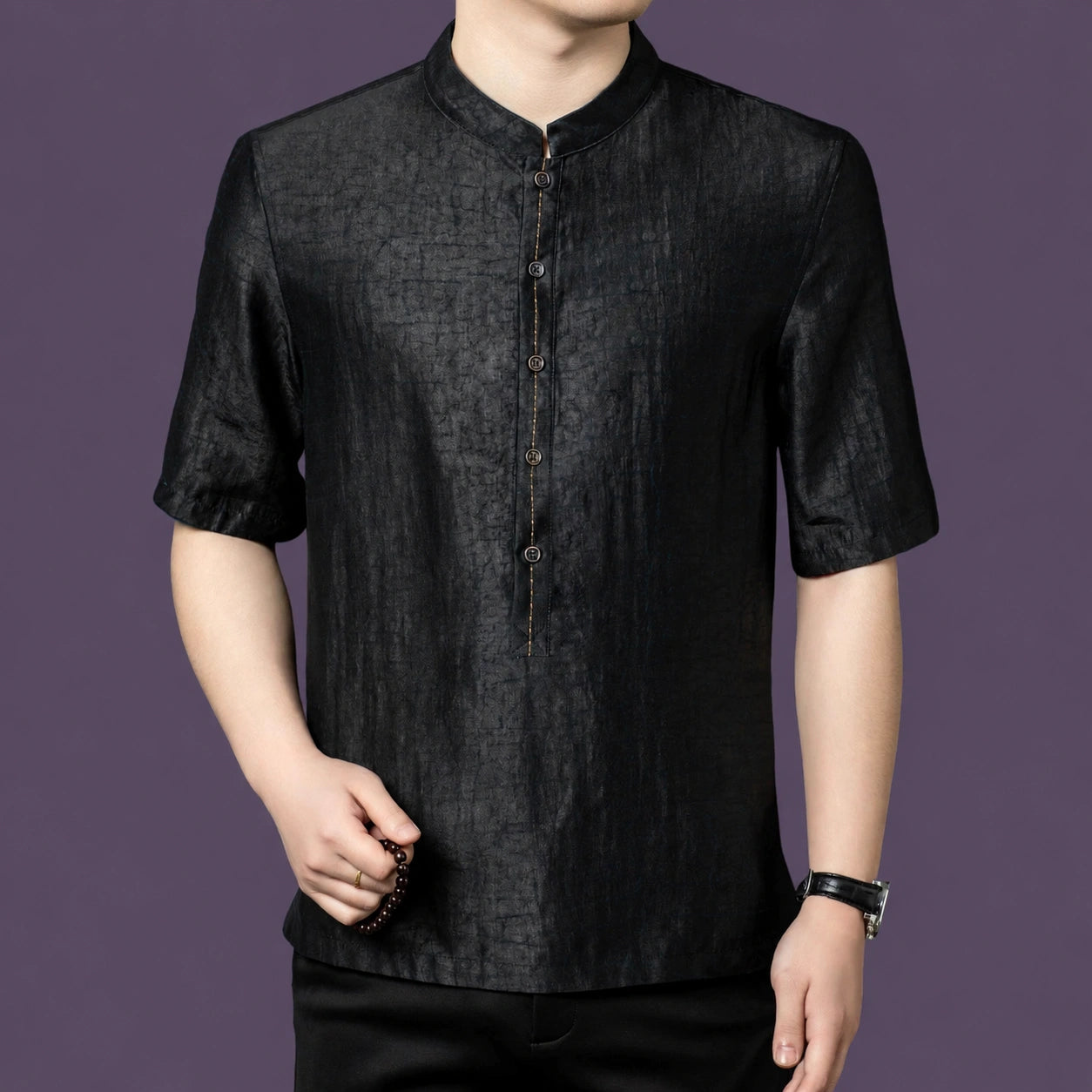 Men's black textured silk short-sleeve shirt featuring a mandarin collar and a clean front button-down placket.