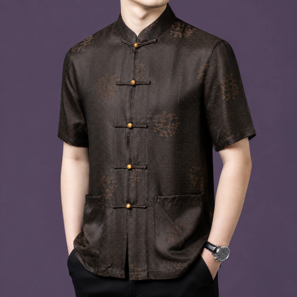 Front view of the brown silk shirt, highlighting the intricate woven texture and two front patch pockets.