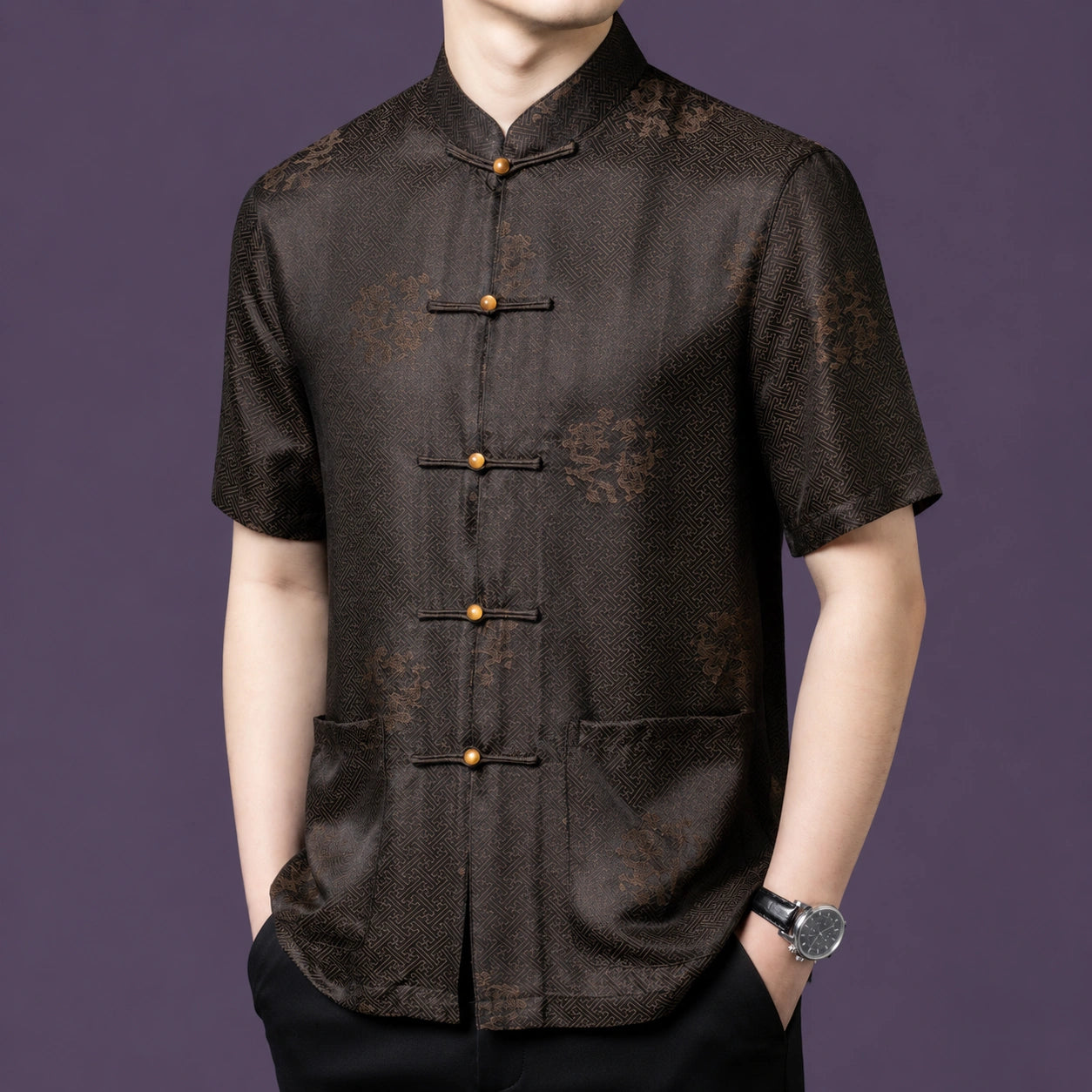 Front view of the brown silk shirt, highlighting the intricate woven texture and two front patch pockets.