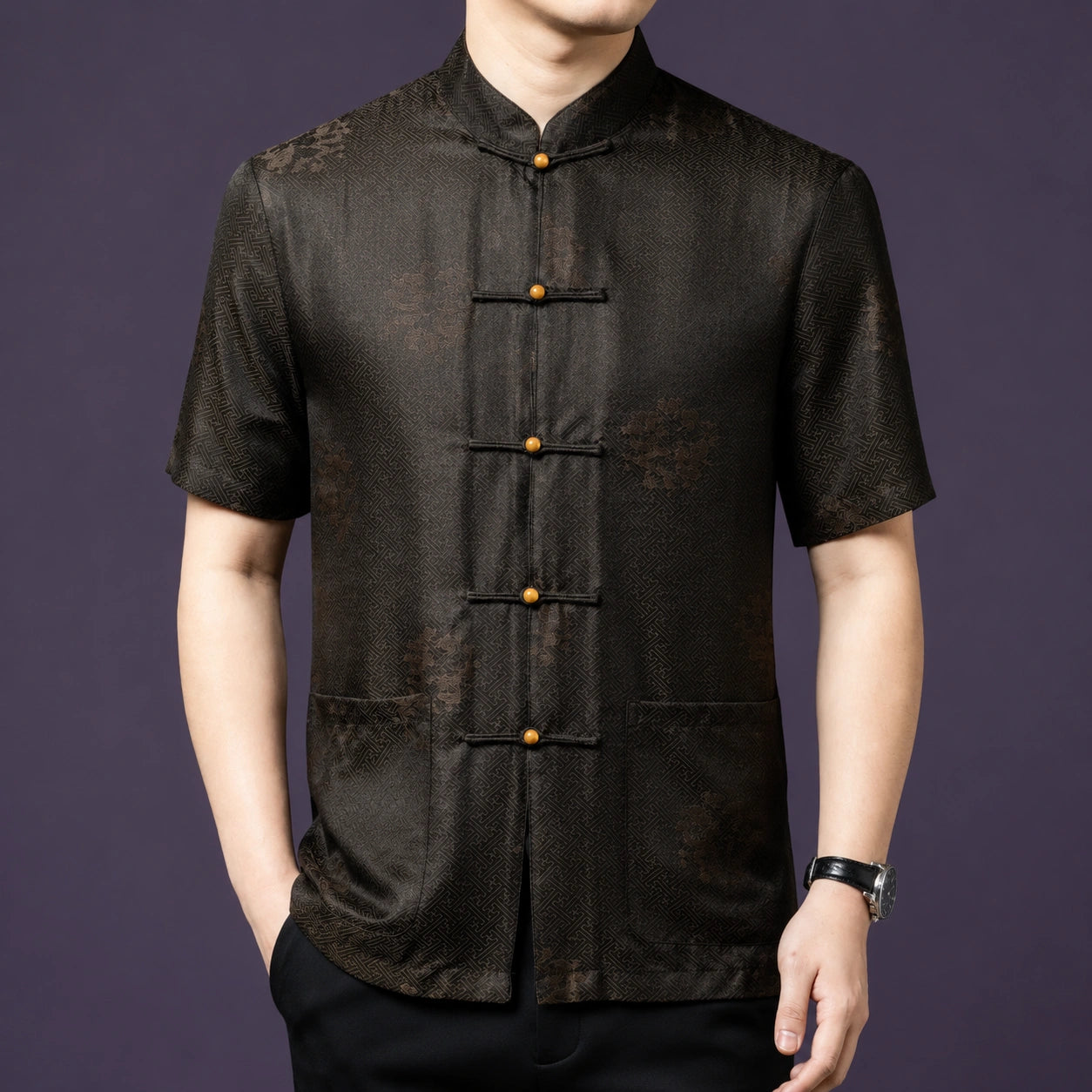 Men's relaxed-fit silk top with a classic mandarin collar and a row of dark knot buttons with wooden bead accents.