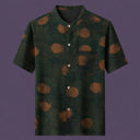 Flat lay of the men's short-sleeve silk shirt, featuring a stand collar, four front buttons, and a practical chest pocket.