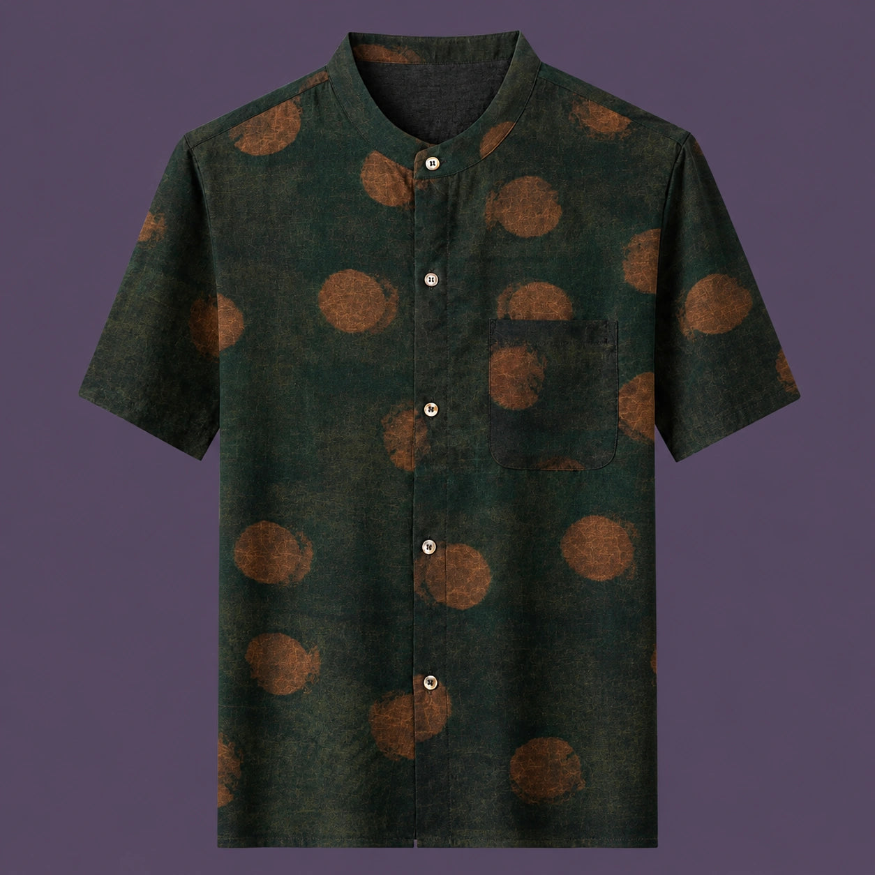 Flat lay of the men's short-sleeve silk shirt, featuring a stand collar, four front buttons, and a practical chest pocket.