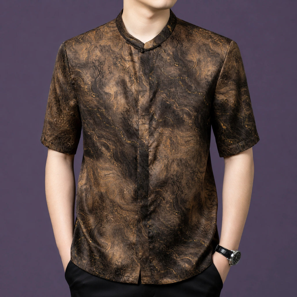 Men's 100% mulberry silk short-sleeve shirt featuring a unique golden-brown marble texture, a stand collar, and a hidden front placket.