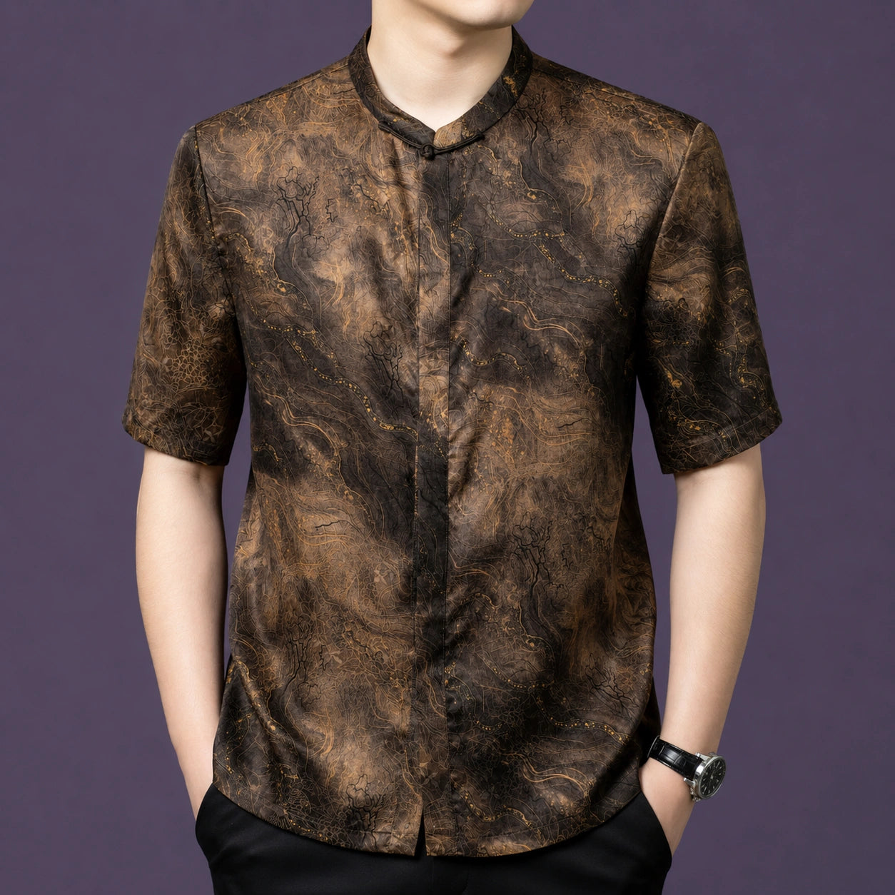 Men's 100% mulberry silk short-sleeve shirt featuring a unique golden-brown marble texture, a stand collar, and a hidden front placket.