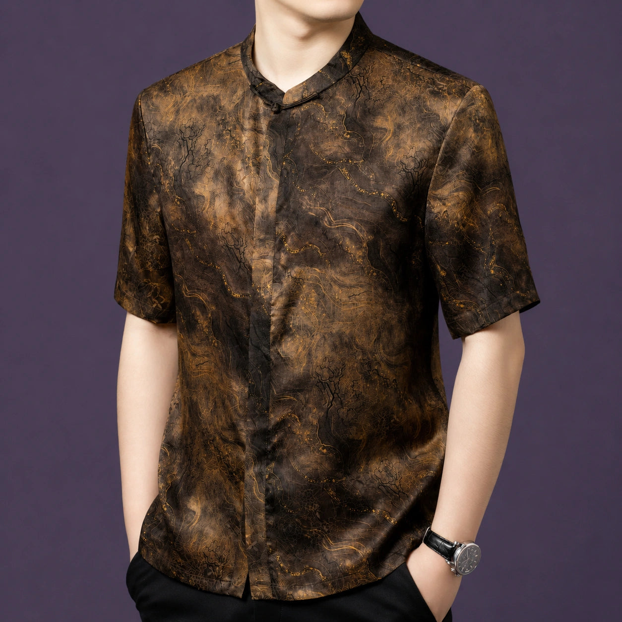Front view of the textured silk shirt, highlighting the relaxed straight cut and the natural swirling pattern on the fabric.