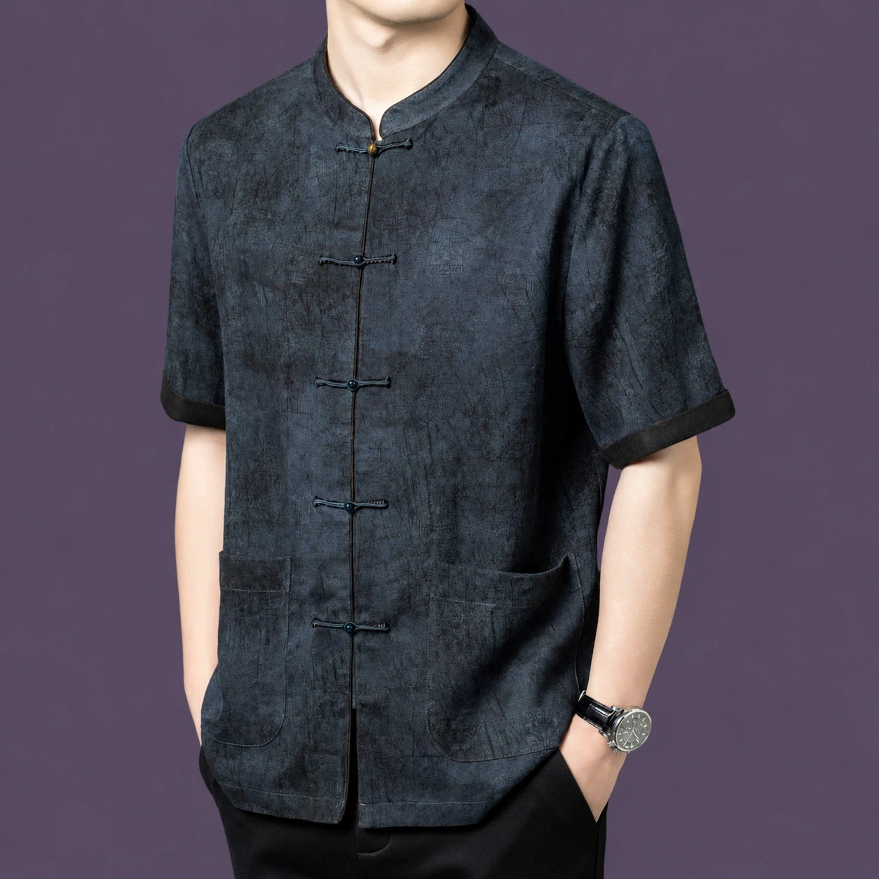 Front view of the grey silk shirt, highlighting the unique washed, crinkled texture and contrast cuffs.