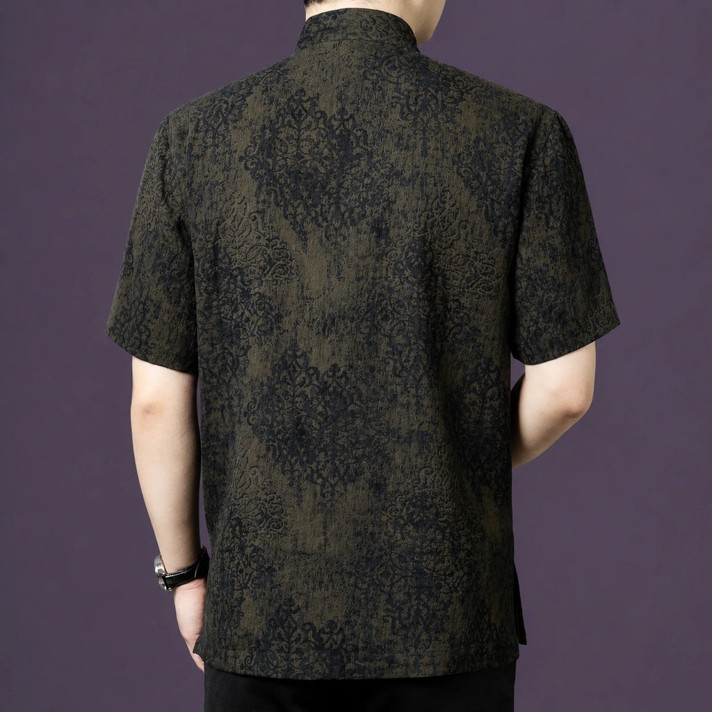 Back view of a men's 100% mulberry silk mandarin collar short sleeve shirt with vintage woven pattern.
