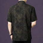 Back view of a men's 100% mulberry silk mandarin collar short sleeve shirt with vintage woven pattern.