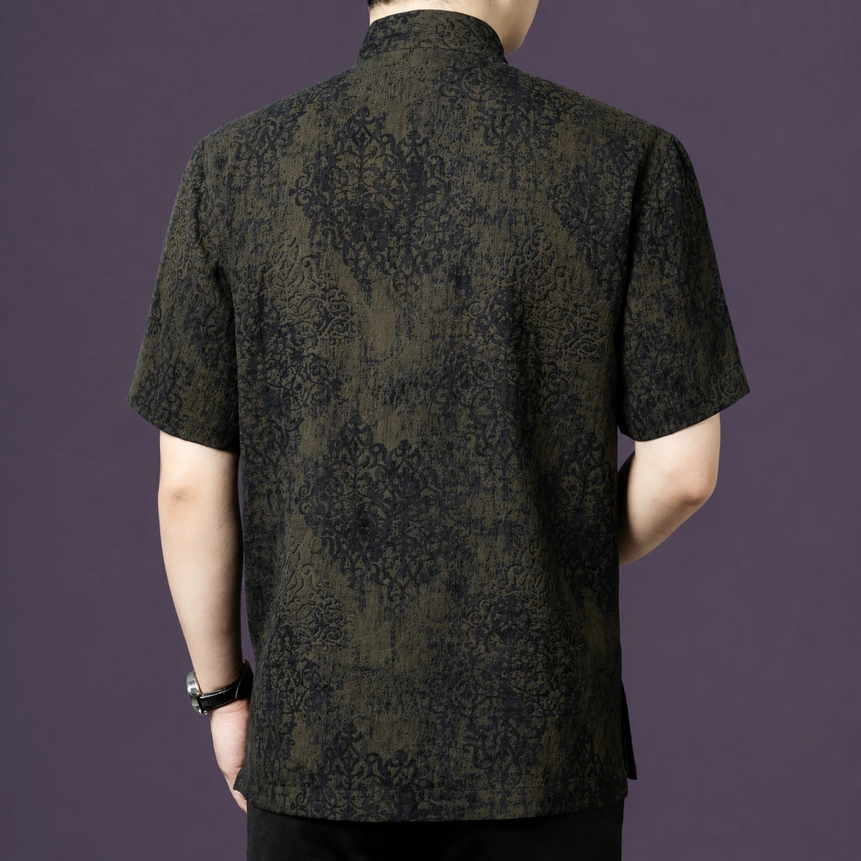 Back view of a men's 100% mulberry silk mandarin collar short sleeve shirt with vintage woven pattern.