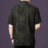 Back view of a men's 100% mulberry silk mandarin collar short sleeve shirt with vintage woven pattern.